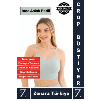 Premium Göğüs Toparlayan Sarkma Önleyen Gündelik Spor Kullanım İnce Askı Pedli Çizgili Crop Büstiyer