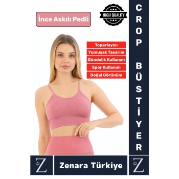 Premium Göğüs Toparlayan Sarkma Önleyen Gündelik Spor Kullanım İnce Askı Pedli Çizgili Crop Büstiyer