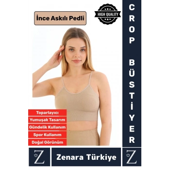 Premium Göğüs Toparlayan Sarkma Önleyen Gündelik Spor Kullanım İnce Askı Pedli Çizgili Crop Büstiyer