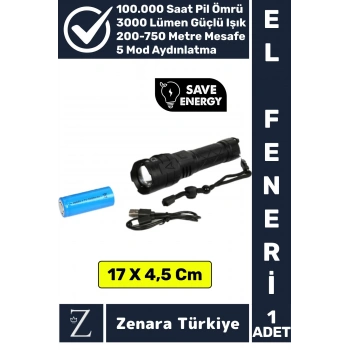 Premium Kamp Avcı Balıkçı Güvenlik Deprem 5 Modlu 3000 Lümen Güçlü Beyaz Işık Şarjlı El Feneri