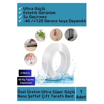 Premium Seri Ultra Süper Güçlü Yüksek Mukavemetli Nano Çift Taraflı Doku Şeffaf Bant 3 Metre