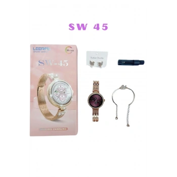 Premium SW 45 Watch Ayarlanabilir Kordon Özellikli Taşlı Tasarım Küpe/Bileklik Hediyeli Kadın Saat