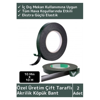 Premium Ultra Güçlü İz Bırakmaz Elastik Yapılı Çift Taraflı 10mm-10Metre Akrilik Köpük Bant 2 Ad