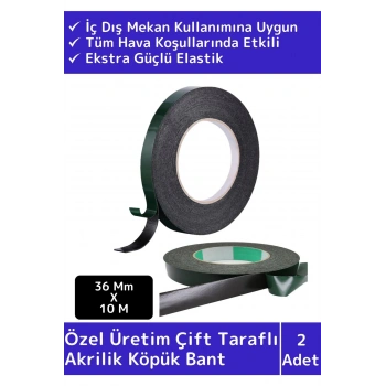 Premium Ultra Güçlü İz Bırakmaz Elastik Yapılı Çift Taraflı 36mm-10Metre Akrilik Köpük Bant 2 Ad