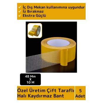 Premium Üretim Ekstra Güçlü Halı Kilim Sabitleme Yapıştırma Kaydırmaz Çift Taraflı Bant 48mmX10M 5Ad