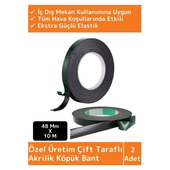 Premium Üretim Ekstra Güçlü İz Bırakmayan Elastik Çift Taraflı Akrilik Köpük Bant 48mm-10Metre 2 Ad