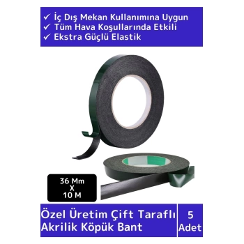 Premium Üretim Süper İz Bırakmaz Elastik Model Çift Taraflı 36mm-10Metre Akrilik Köpük Bant 5li