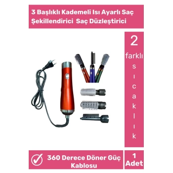 Profesyonel 3 Başlıklı Kademeli Isı Ayarlı Saç Şekillendirici Saç Düzleştirici Seti