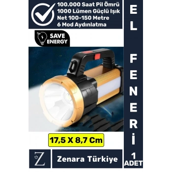 Profesyonel Kamp Avcı Güvenlik Deprem 6 Modlu 1000 Lümen Güçlü Beyaz Işık Şarjlı Projektör El Feneri