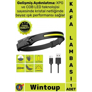 #Lamba Güçlü XPG 5 Aydınlatma Modlu COB LED Sensörlü USB Şarj Edilebilir Dahili Pilli Kafa Lambası