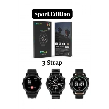 RW 46 Large Amoled Sport Watch With Torch Black Edition Wireless Charge 3 Strap Premium Series