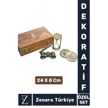 Sevgili Özel Denizci Koleksiyon Hediye PİRİNÇ PUSULA KUM SAATİ DÜRBÜN Ahşap Kutulu Premium Set