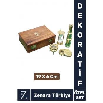 Sevgili Özel Denizci Koleksiyon Hediye PİRİNÇ PUSULA KUM SAATİ DÜRBÜN BÜYÜTEÇ Ahşap Kutulu Özel Set