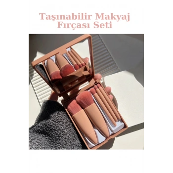 Seyahat Tipi Aynalı 5li Makyaj Fırça Seti Göz Farı&Fondöten&Allık Karıştırma&Makyaj Fırçaları