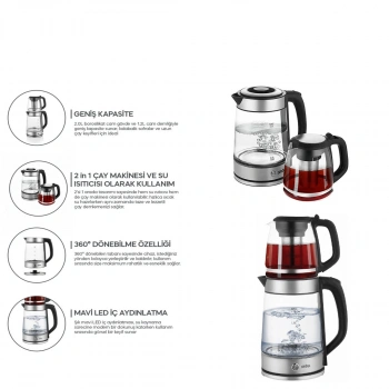 Sinbo 2si 1 Arada Çaycı - Kettle - 2.0L + 1.2L Kapasite - Cam Gövde