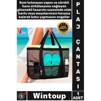 #PlajÇantası Kum Geçirmez Tatil Çok Cepli Tasarım Fermuarlı İç Bölme Büyük Siyah Fileli Plaj Çantası