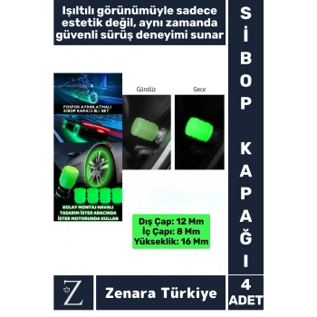 Tüm Otomobil Bisiklet Motosiklet Minibüslerle Uyumlu Kolay Montaj Fosforlu Sibop Kapağı 4 Adet