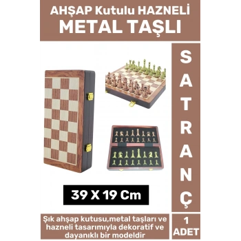 Yüksek Kaliteli Arkadaş Oyun Hediyelik Ahşap Kutulu Hazneli Metal Taşlı Satranç Takımı 39 X 19 Cm