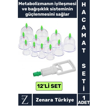 Yüksek Kaliteli Metabolizma Etkili 12li Vakumlu Hacamat Kupası+4 Parmak Pompa Özel Set