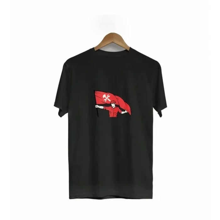 1 Mayıs Emek Ve Dayanışma Bayraklı Emekçi Baskılı Bisiklet Yaka T-shirt - Siyah