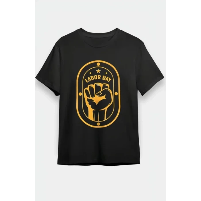 1 Mayıs Labor Day Emekçi Temalı Baskılı Oversize Bisiklet Yaka T-shirt - Siyah