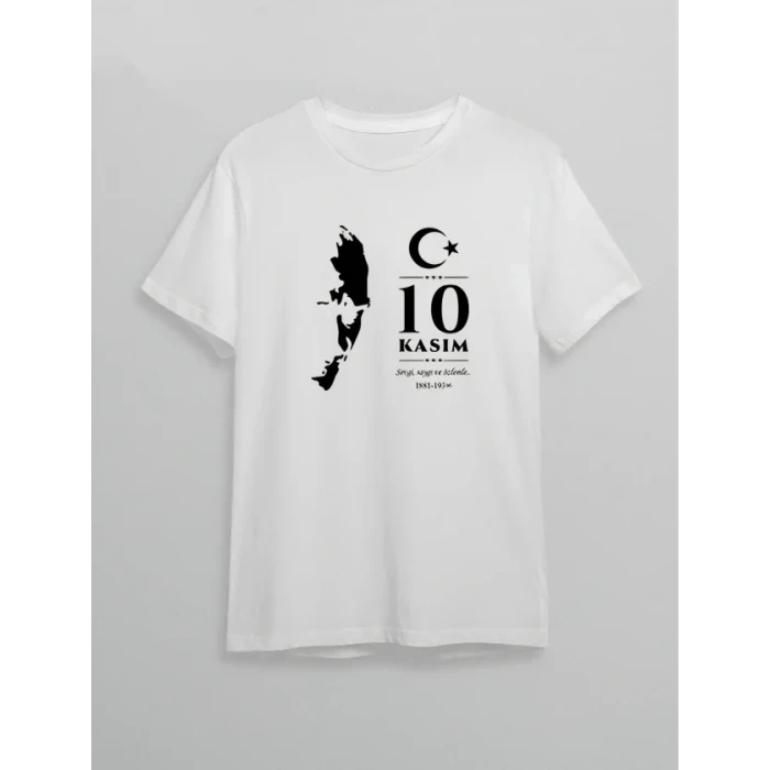 10 Kasım Atatürk Anma Günü Silüet Baskılı Oversize Bisiklet Yaka T-shirt - Beyaz