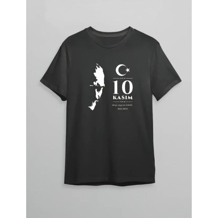 10 Kasım Atatürk Anma Günü Silüet Baskılı Oversize Bisiklet Yaka T-shirt - Siyah