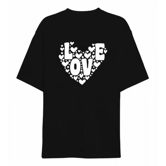 14 Şubat Sevgililer Günü Love Kalp Baskılı Oversize Bisiklet Yaka T-shirt - Siyah