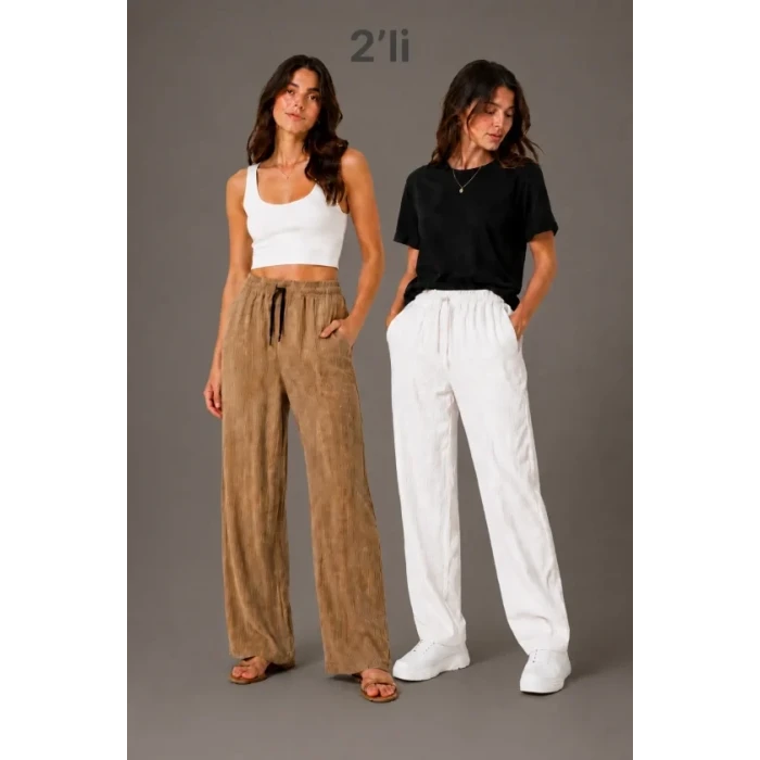 2li Bürümcük Kumaş Beli Lastikli Bağcıklı Bol Paça Pantolon - Beyaz/vizon