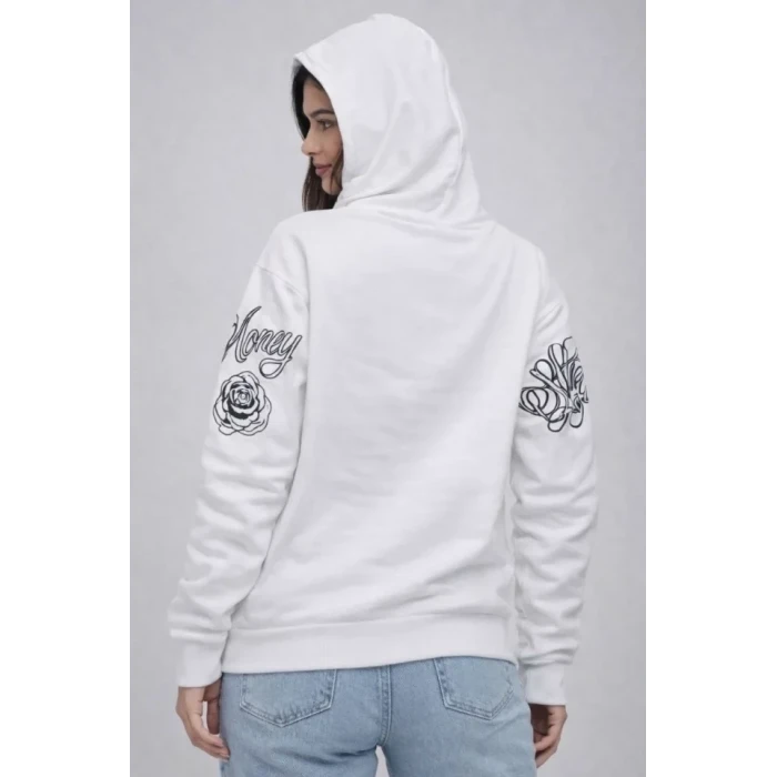 3 İplik Pamuklu Kapüşonlu Baskılı Sweatshirt Hoodie - Beyaz