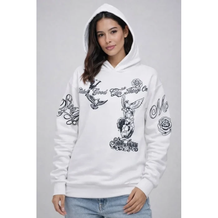 3 İplik Pamuklu Kapüşonlu Baskılı Sweatshirt Hoodie - Beyaz