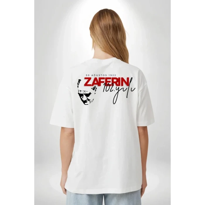 30 Ağustos Zafer Bayramı Atatürk Temalı Oversize Bisiklet Yaka T-shirt - Beyaz