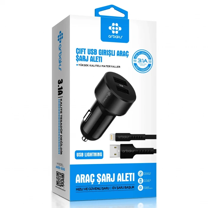 3.1A Çift Usb Girişli (iphone) Kablolu Araç Şarj Aleti ARB-606