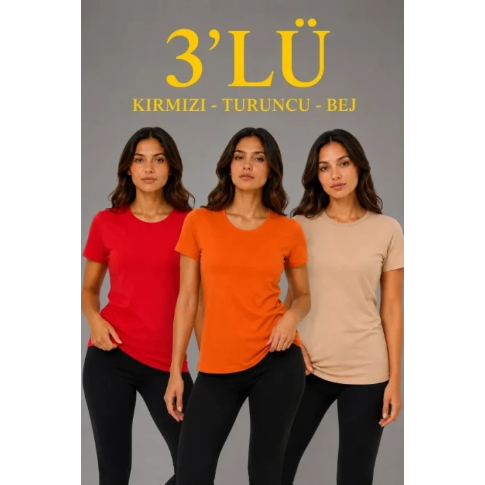 3’lü Kısa Kollu Bisiklet Yaka Basic Slim Fit T-shirt - Kırmızı - Turuncu - Bej