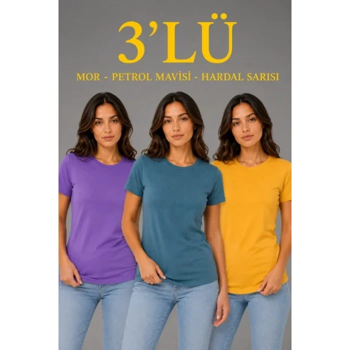 3’lü Kısa Kollu Bisiklet Yaka Basic Slim Fit T-shirt - Mor - Petrol Mavisi - Hardal