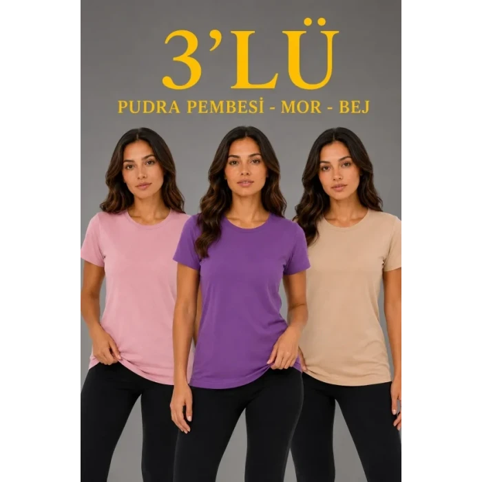 3’lü Kısa Kollu Bisiklet Yaka Basic Slim Fit T-shirt - Pudra Pembe - Mor - Bej