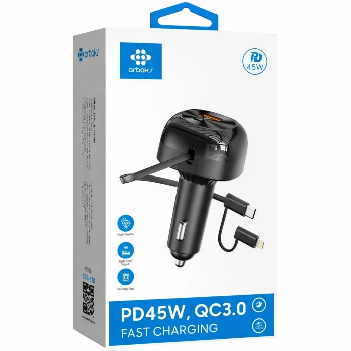 45W PD + QC3.0 Araç Şarj Aleti – Type-C & Lightning Kablolu ARB-618