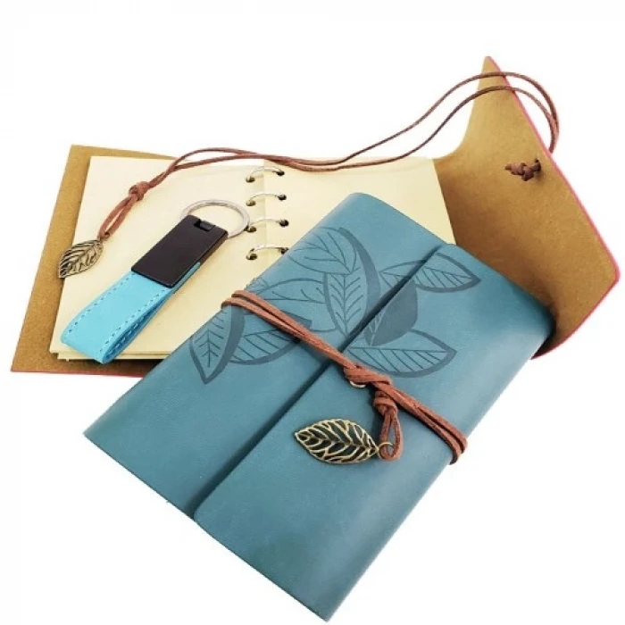 Ahşap Kutulu Mavi Deri Defter ve Anahtarlık Set
