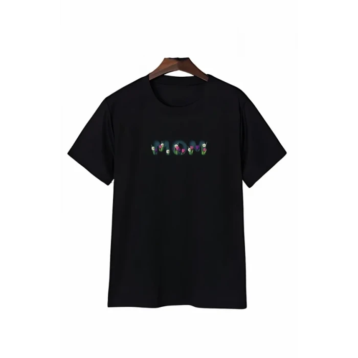 Anneler Günü Mom Çiçek Temalı Baskılı Oversize Bisiklet Yaka T-shirt - Siyah