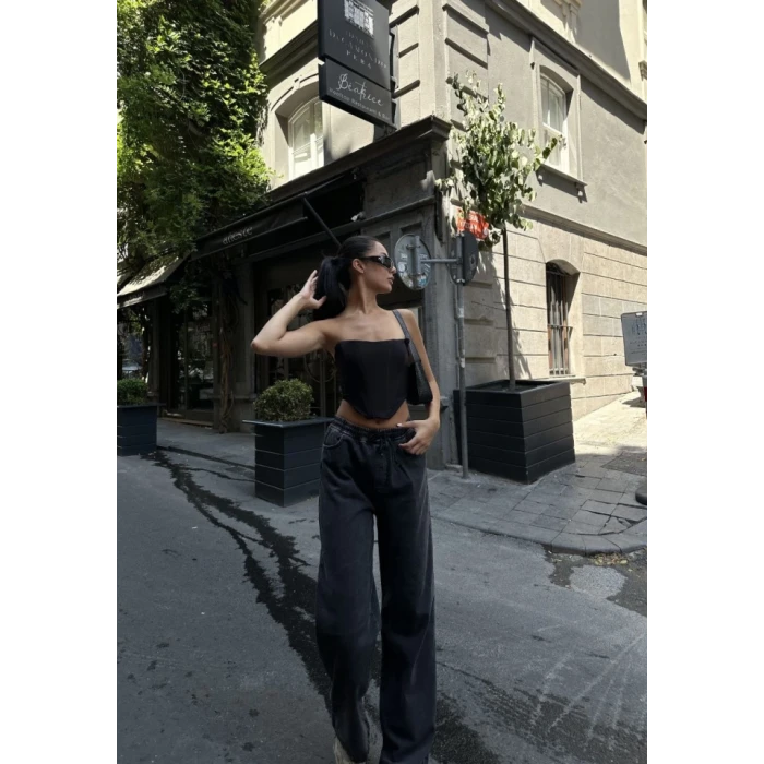 Arkadan Yırtmaçlı Jeans Kot Palazzo Pantolon - Siyah
