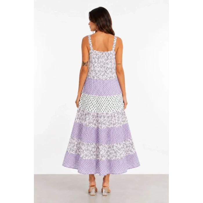 Askılı Çiçek Desenli Keten Kumaş Kat Kat Salaş Maxi Elbise - Lila
