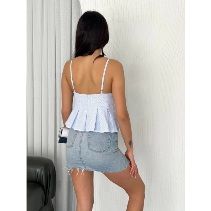 Askılı Dekolte Deraylı Crop - Açık Mavi