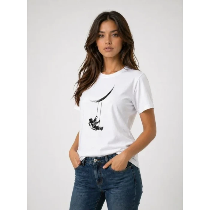 Astronot Ay Temalı Tişört Kısa Kol Yazlık Bisiklet Yaka T-shirt - Beyaz