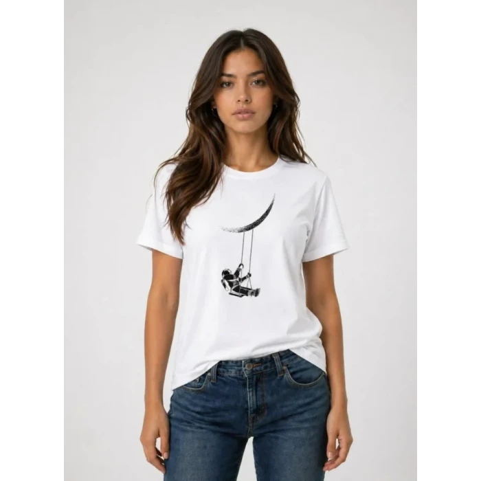 Astronot Ay Temalı Tişört Kısa Kol Yazlık Bisiklet Yaka T-shirt - Beyaz