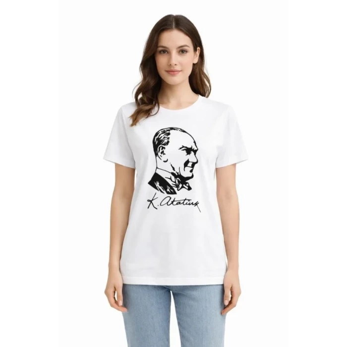 Atatürk Baskılı Tişört Kısa Kollu Bisiklet Yaka T-shirt - Beyaz