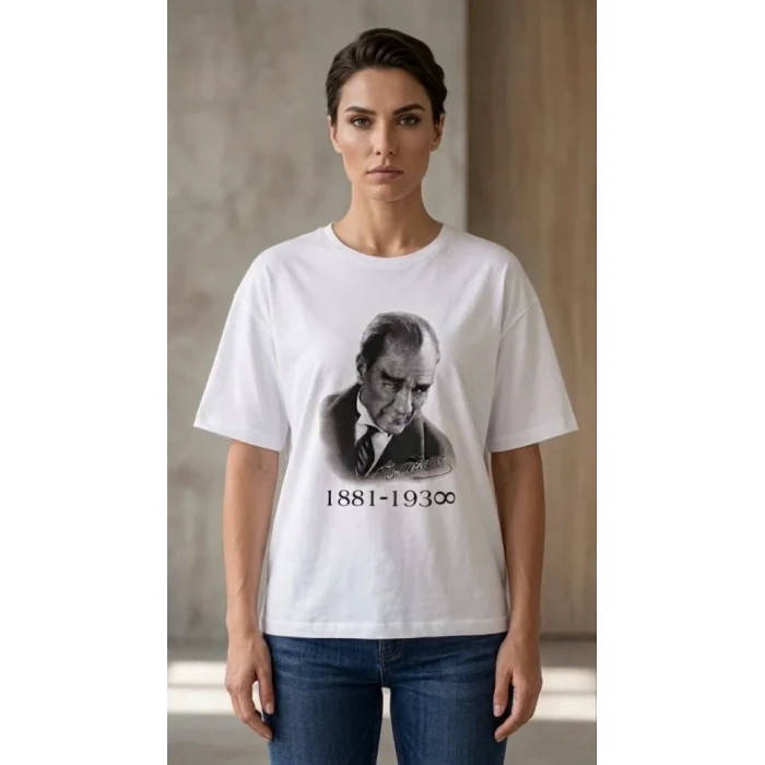 Atatürk Baskılı Tişört Kısa Kollu Bisiklet Yaka T-shirt - Beyaz