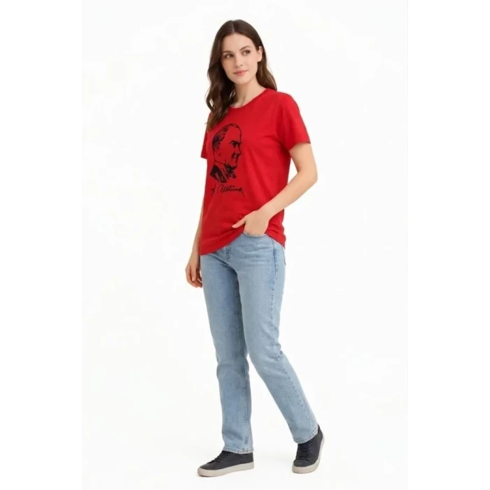 Atatürk Baskılı Tişört Kısa Kollu Bisiklet Yaka  T-shirt - Kırmızı