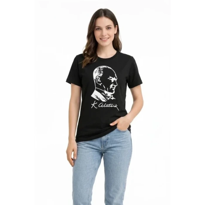 Atatürk Baskılı Tişört Kısa Kollu Bisiklet Yaka T-shirt - Siyah