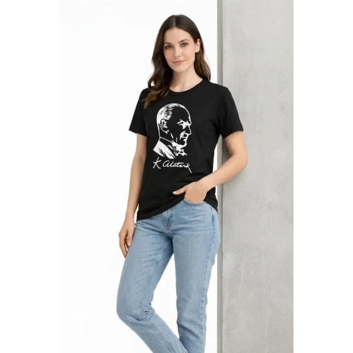 Atatürk Baskılı Tişört Kısa Kollu Bisiklet Yaka T-shirt - Siyah