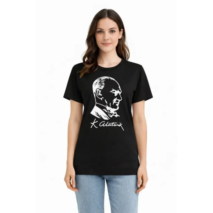 Atatürk Baskılı Tişört Kısa Kollu Bisiklet Yaka T-shirt - Siyah